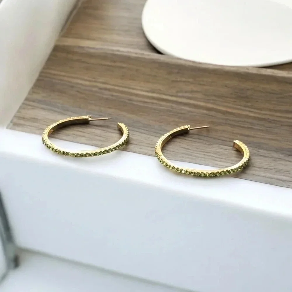 Gold Plated Green Rhinestone Hoop Earrings